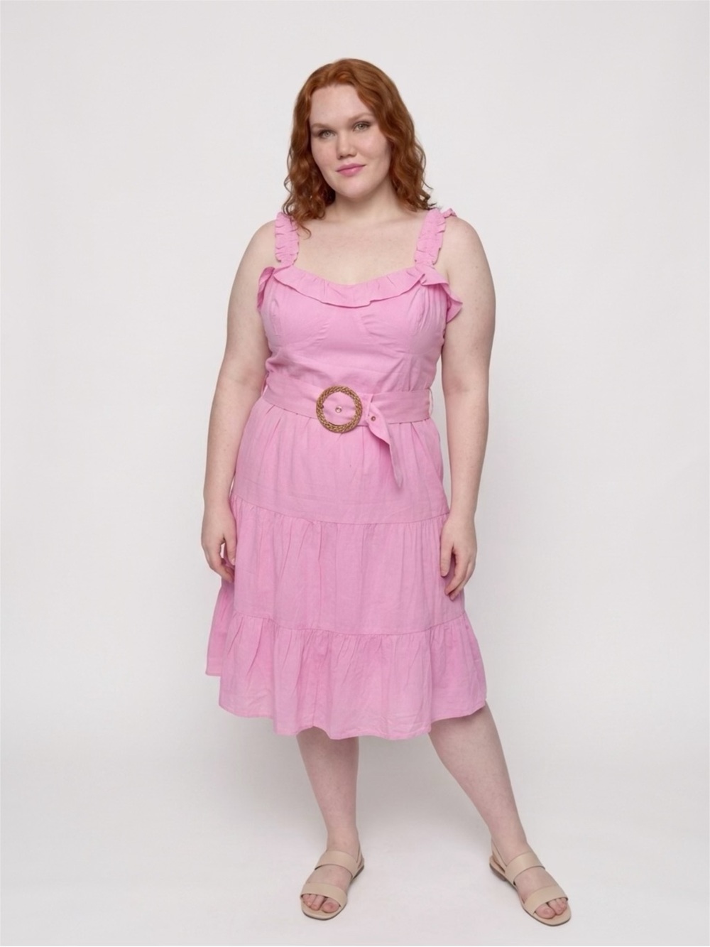 Show Me Your MuMu Jolene Pink Lemonade Ruffle Midi Dress with Buckle Belt - Picture 15 of 16